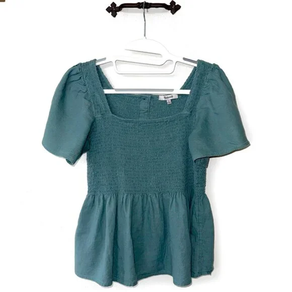 Madewell Linen-Blend Lucie Smocked Peplum Top - Picture 2 of 7
